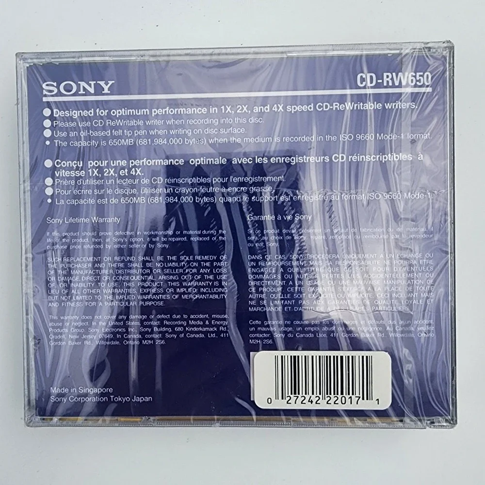 Sony CD-RW 650MB 3 Pack Multi Speed 1X 2X 4X ReWritable Compact Discs CD-RW650